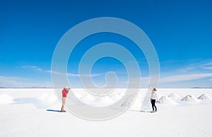 Tourists taking photos at sault banks in Salar de Uyuni