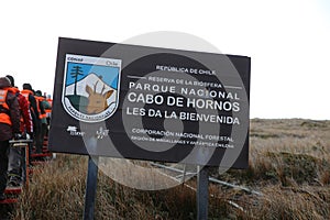 Tourists on their way to the monument on Hornos Island. Cape Horn. Chile