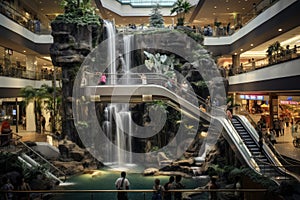 Tourists and theme park visitors taking photos of the waterfall. A bustling multi-level shopping mall with a fountain and glass