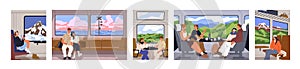 Tourists in train trip set. Passengers sitting on seats, railway travel. People looking outside window at nature