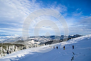 Tourists trek in Carpathians