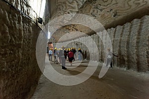 Tourists in the tunnel of salt mine in Soledar, Donbas, Ukraine