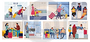 Tourists on vacation. Cartoon scenes with families and couples in different travel situations. Vector characters going