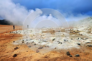 Tourists visiting the Geothermal region of Hverir near Myvatn Lake in Iceland.