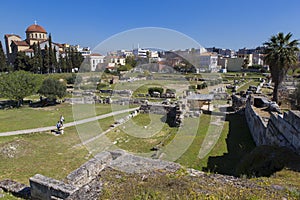 Tourists visiting the ruins of the archaeological site of Kerameikos