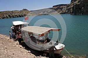 Tourists waiting river boat in Firat River Coastline