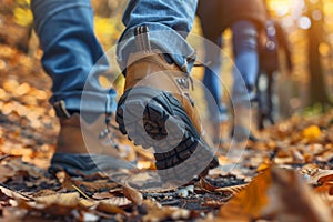 tourists walk along the path of the autumn forest, feet close-up
