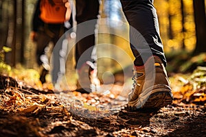 Tourists walks along the path of the autumn forest.