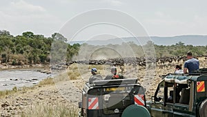 Tourists in 4wd vehicles watch wildebeest massing at the mara river