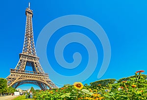 Tourists by world famous Eiffel Tower on a sunny day