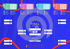 Tournament bracket, match schedule with group stage and playoffs. All flags of participant of Rugby competition 2023