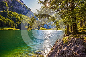 Tourquise clear Seealpsee with the Swiss Alps, Appenzeller Land, Switzerland