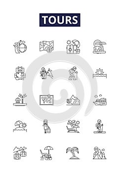 Tours line vector icons and signs. Travel, Sightseeing, Exploring, Vacation, Trips, Holidays, Outings, Adventures