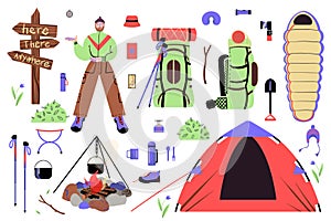 Toutism concept clipatrs. A set stuffs for trekking, camping and traveling in the wild. Vector. Cartoon flat style