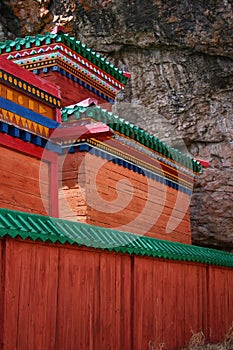 Tovkhon Monastery wooden decorated buildings, Ovorkhangai Province, Mongolia. UNESCO World Heritage Site.