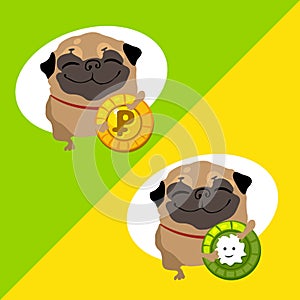 Tow happy dog pug with coins