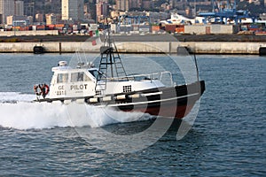 Tow pilot transits in the calm channel of the port of Genoa