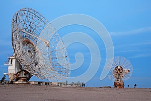 Tow Satalite dish in blue sky photo