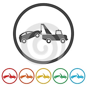 Tow truck with car on it, flat style illustration, Car tow service, 6 Colors Included