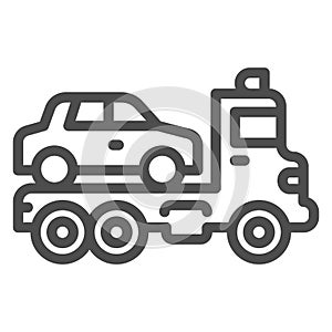 Tow truck with car line icon, heavy equipment concept, evacuator car sign on white background, Car towing truck icon in