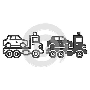 Tow truck with car line and solid icon, heavy equipment concept, evacuator car sign on white background, Car towing