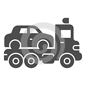 Tow truck with car solid icon, heavy equipment concept, evacuator car sign on white background, Car towing truck icon in