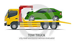 Tow truck city road assistance service evacuator. Tow truck delivers the damaged vehicle.