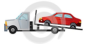 Tow truck. Cool flat towing truck with broken car. Road car repair service assistance vehicle with damaged or salvaged