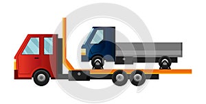 Tow truck. Cool flat towing truck with broken car. Truck repair service assistance vehicle with damaged or salvaged car