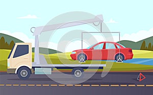 Tow truck. Damaged car evacuation road accident crash broken transport vector cartoon background