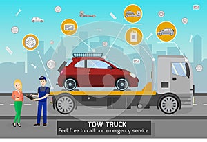 Tow Truck and Driver Services. Vector Illustration