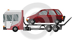 Tow truck. Flat faulty car loaded on a tow truck. Vehicle repair service which provides assistance damaged or salvaged