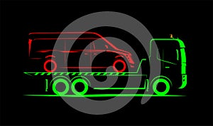 Tow truck with full loading simple side view schematic image on black background