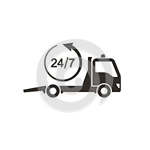 Tow truck icon, Car towing truck 24h sign. Vector isolated illustration