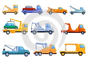 Tow truck icons set, cartoon style