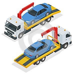 Tow truck isometric vector. Car towing truck 3d flat illustration. Tow truck for transportation faults and emergency