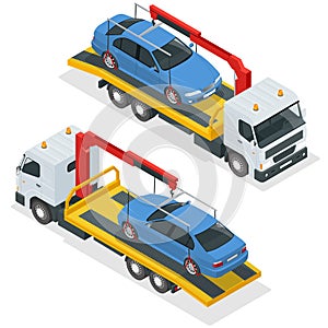 Tow truck isometric vector. Car towing truck 3d flat illustration. Tow truck for transportation faults and emergency