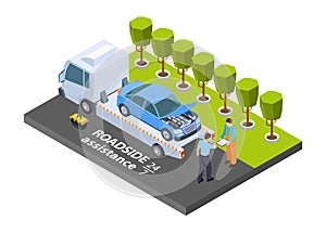 Tow truck isometric. Vector roadside assistance concept