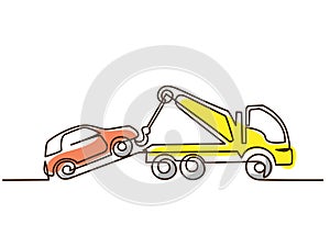 Tow truck lift broken car using crane. Continuous one line drawing.