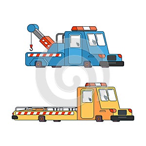 Tow truck set. Wrecker for Evacuates auto. Help on road. Vector