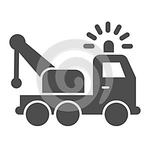 Tow truck solid icon. Vehicle salvage with crane and signal sirene symbol, glyph style pictogram on white background