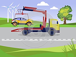 Tow truck takes away a broken car after an accident. In minimalist style. Cartoon flat