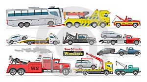 Tow truck vector towing car trucking vehicle bus transportation towage help on road illustration set of towed auto