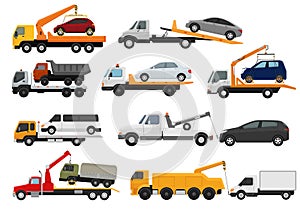 Tow truck vector towing car trucking vehicle transportation towage help on road illustration set of towed auto transport