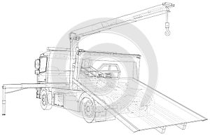 Tow truck vector. Towing car trucking vehicle transportation towage. Help on road. Wire-frame. The layers of visible and