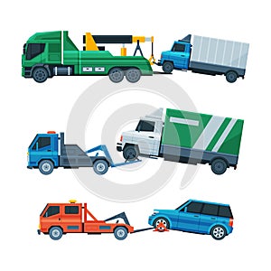 Tow Truck or Wrecker Moving Disabled or Impounded Motor Vehicle Vector Set