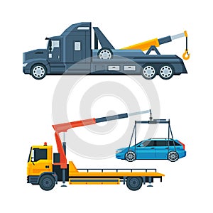 Tow Truck or Wrecker Moving Disabled or Impounded Motor Vehicle Vector Set