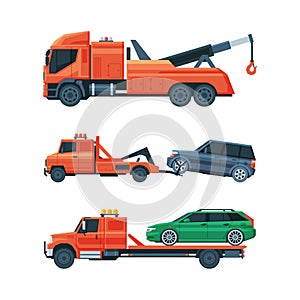 Tow Truck or Wrecker Moving Disabled or Impounded Motor Vehicle Vector Set