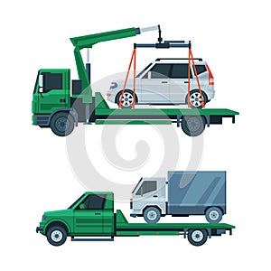 Tow Truck or Wrecker Moving Disabled or Impounded Motor Vehicle Vector Set