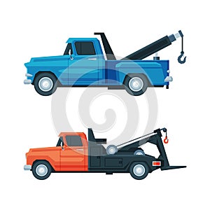 Tow Truck or Wrecker Moving Disabled or Impounded Motor Vehicle Vector Set